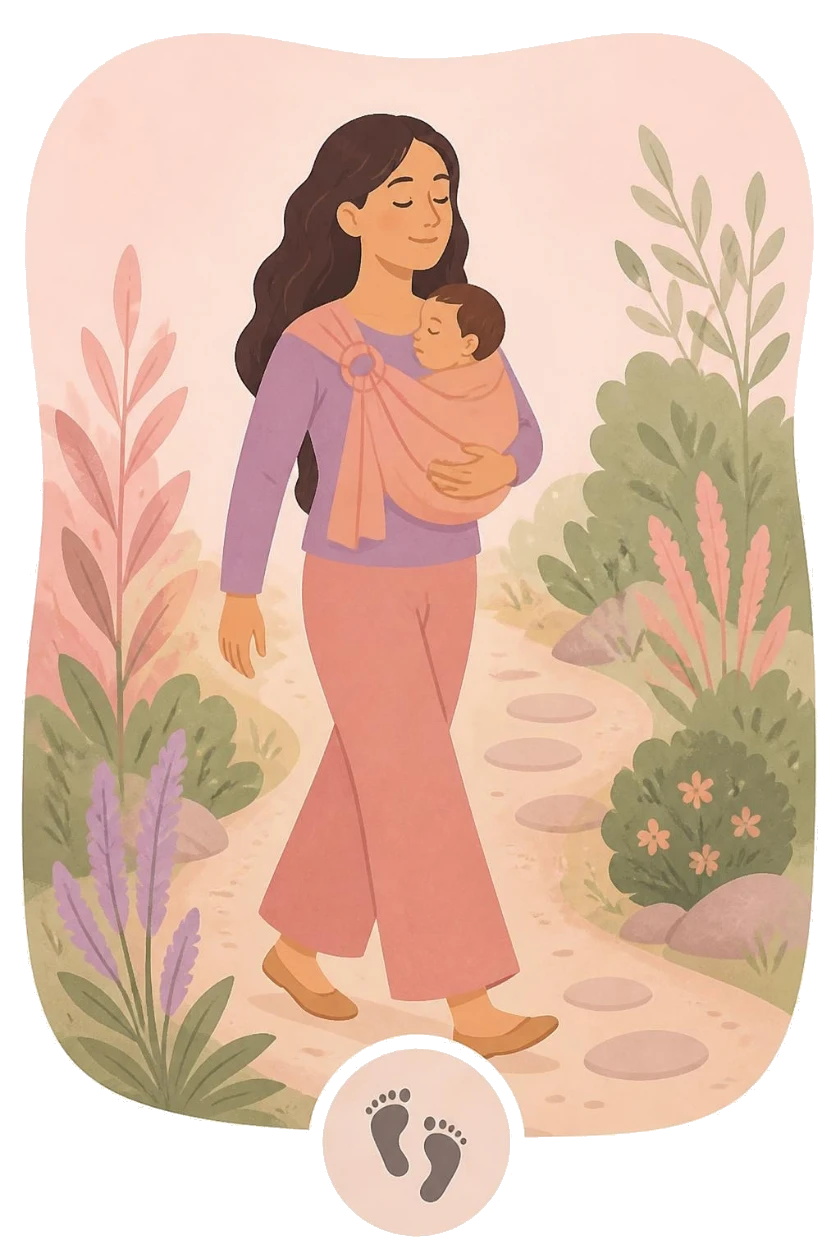 Mother walking a garden path with her baby in a sling