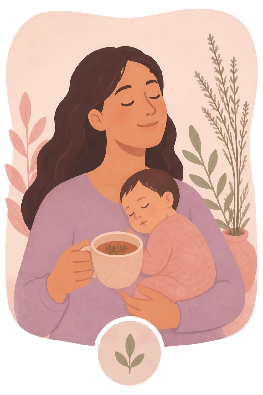 Mother with a cup of herbal tea and her baby asleep on her