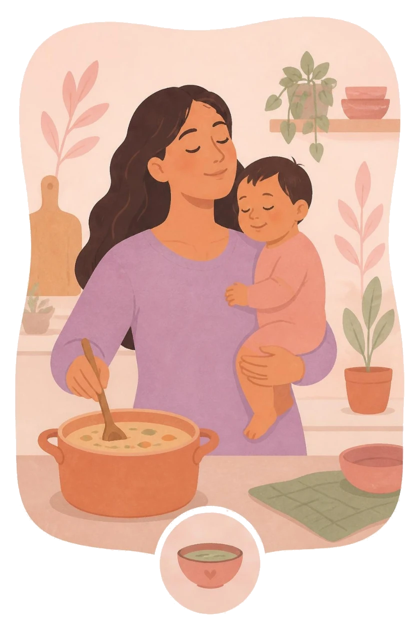 Mother cooking soup with her baby on her hip