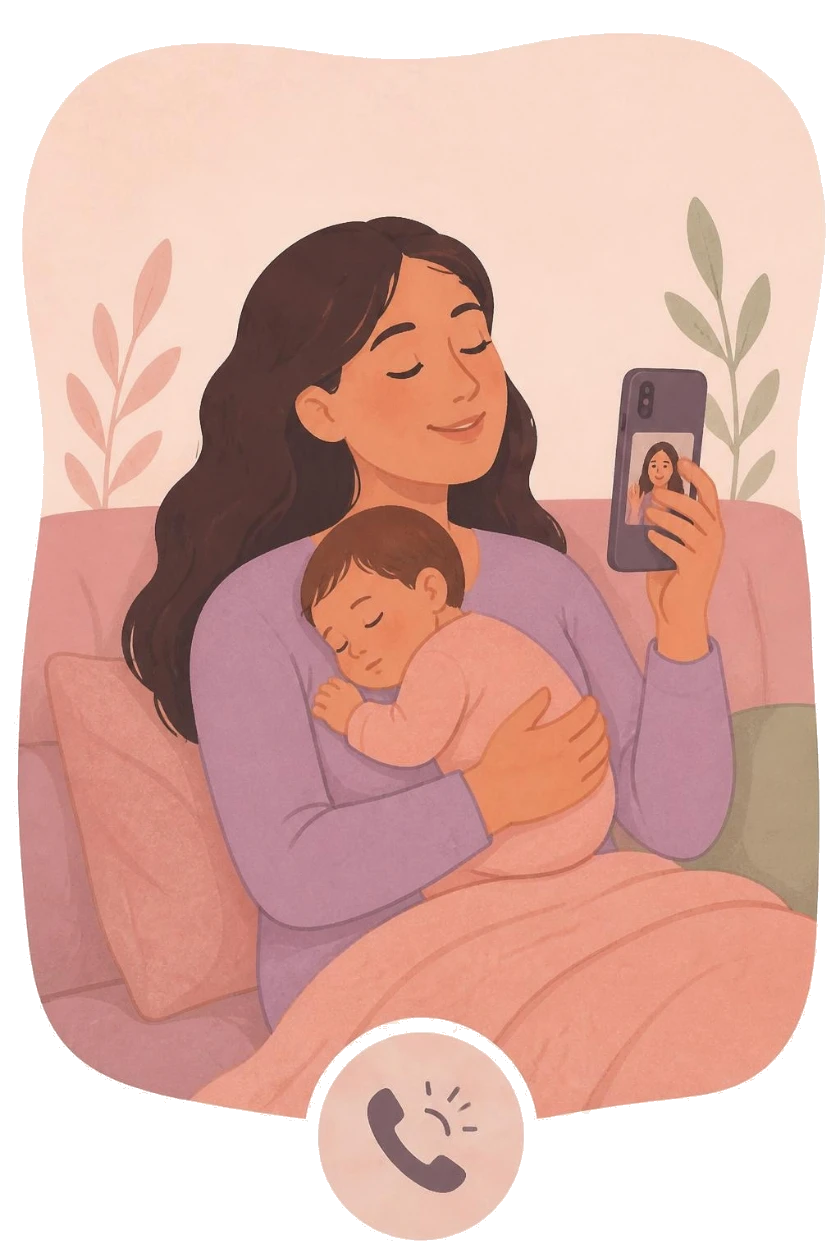 Mother on a video call with her baby asleep on her chest