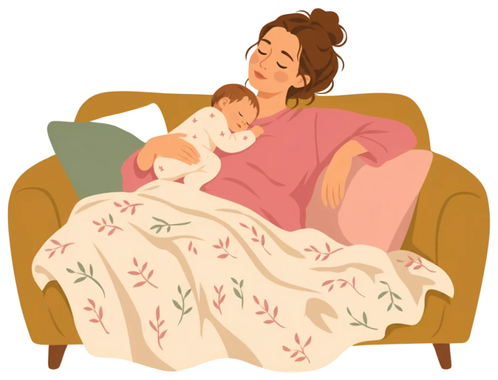 Illustration of a mother cradling her sleeping newborn